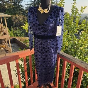 Mac Duggal Navy Floral Long Sleeve Dress Size 14